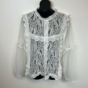 Wowo Lace White Ruffled Long Sleeve Dressy Blouse Top Shirt